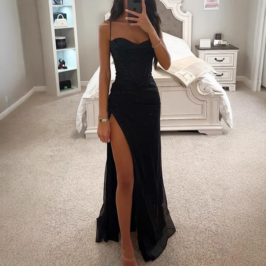 Vestido de fiesta elegante para mujer, vestido largo maxi con tirantes finos, corte en A, abertura alta, cintura fruncida, tela brillante, vestido tipo slip.