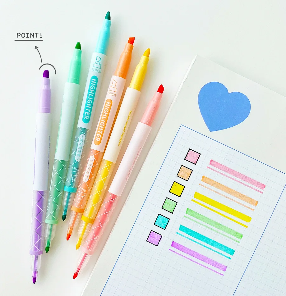 

6Pcs Double Head Highlighter Pen with Stamp Markers Pastel color Drawing Pen Fluorescent pens School Office Supplies Stationery