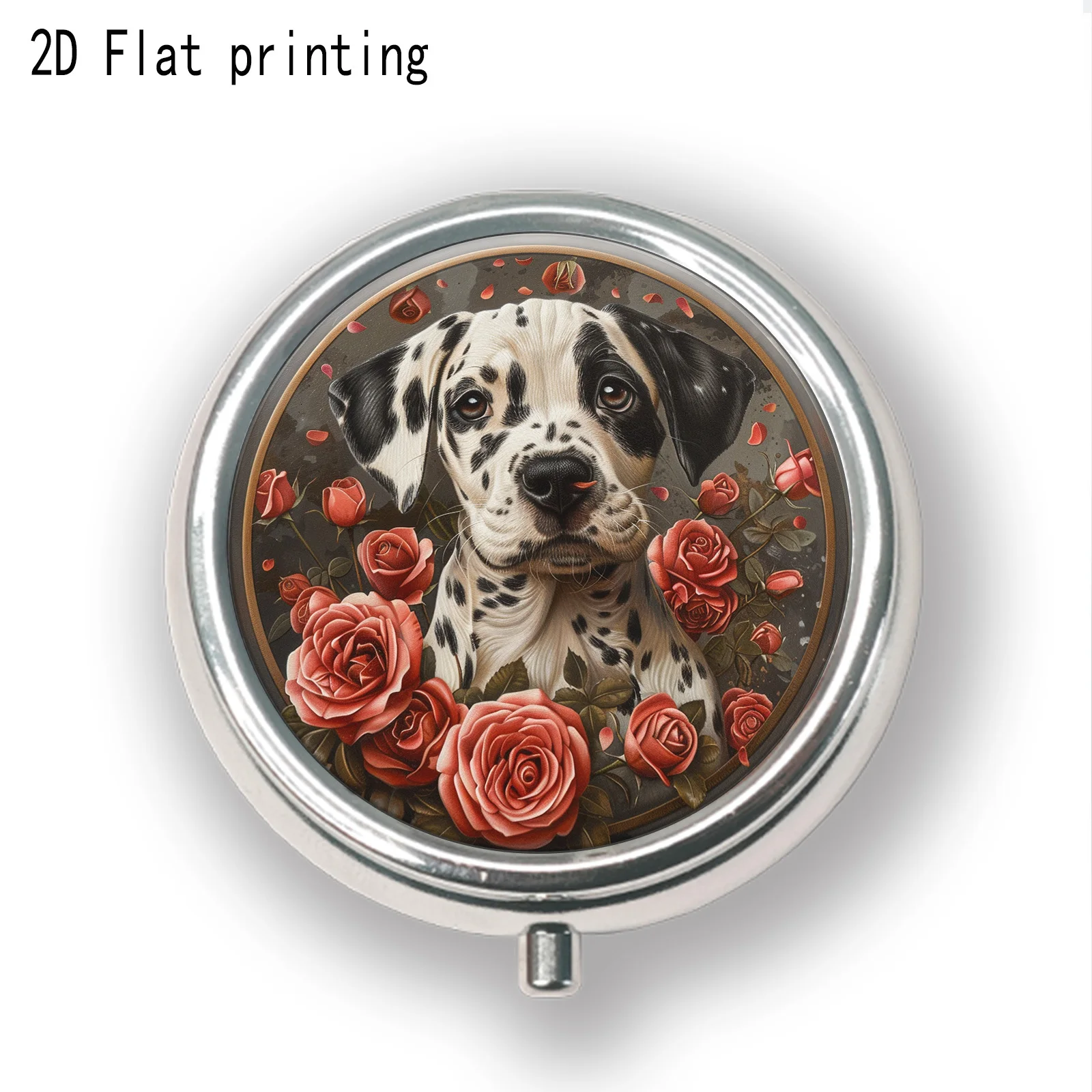 Single pack, flat print, dark red rose pattern pet dog round multi-compartment portable box, sealed and moisture-proof, portable vitamin storage, cute dog design, suitable for girls, convenient for commuting and business trips