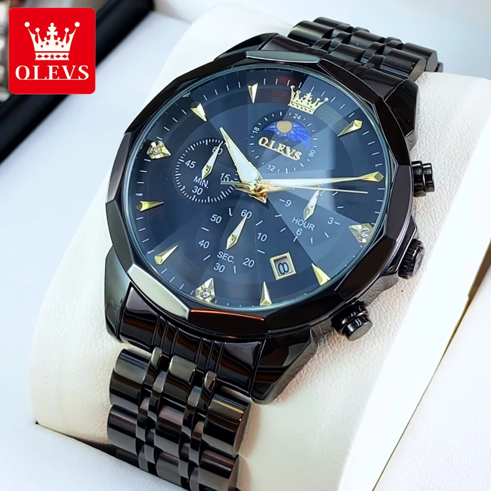 

OLEVS Деловые модные мужские часы из тонкой стали, оригинальные кварцевые наручные часы лучшего бренда, водостойкий светящийся хронограф с фазой Луны