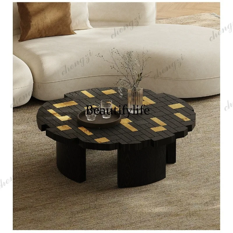 Solid wood parquet coffee table living room household Italian minimalist creative round coffee table high sense
