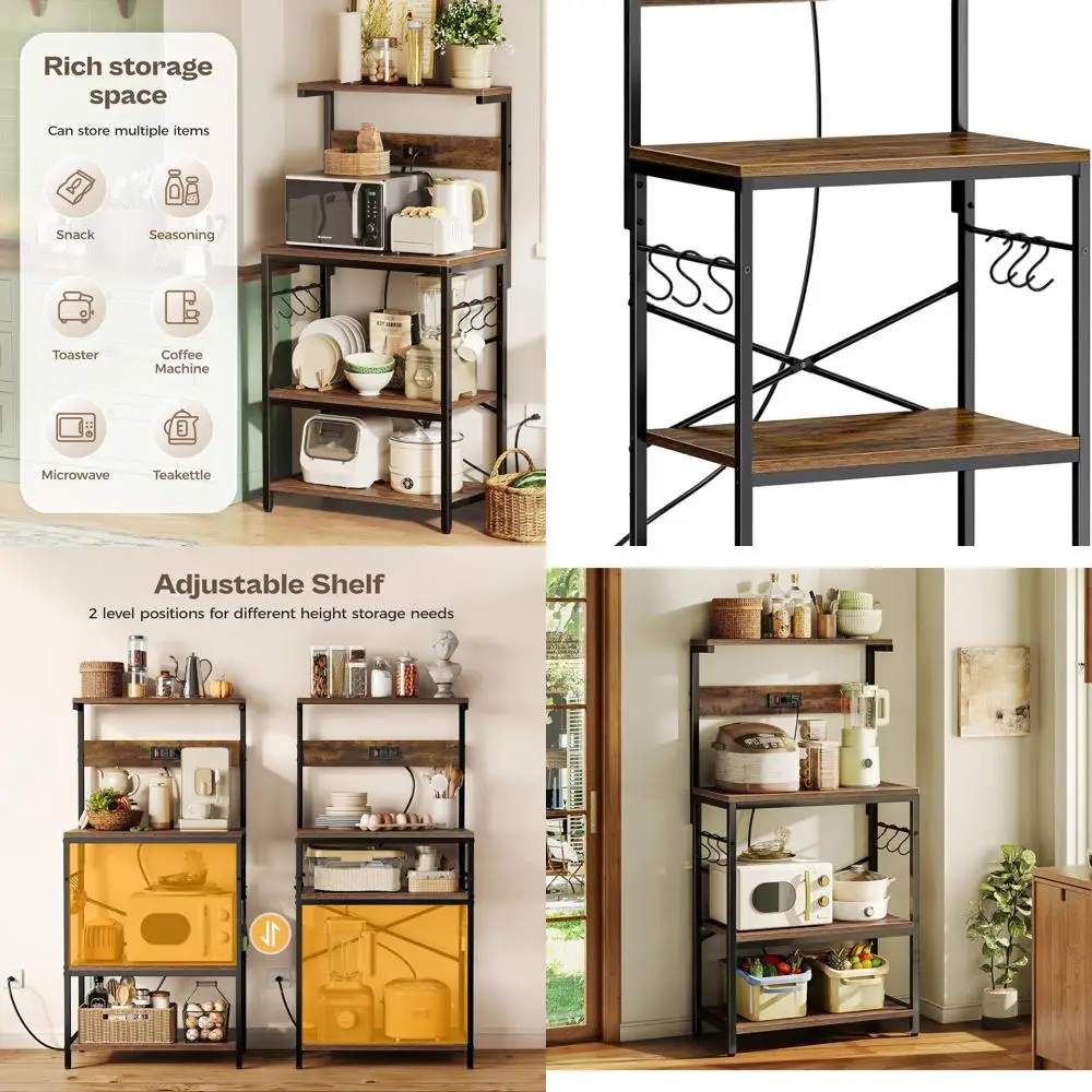 

SUPERJARE Kitchen Bakers Rack with Power Outlet, Coffee Bar Table 4 Tiers, Kitchen Microwave Stand with 6 S-shaped Hooks, Storag