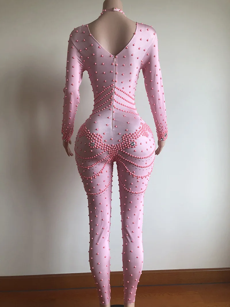 Pink Crystals Jumpsuit Bling Glass Diamond Skinny Elastic Bodysuit Bar Female Singer Stage Costume Birthday Party Wear