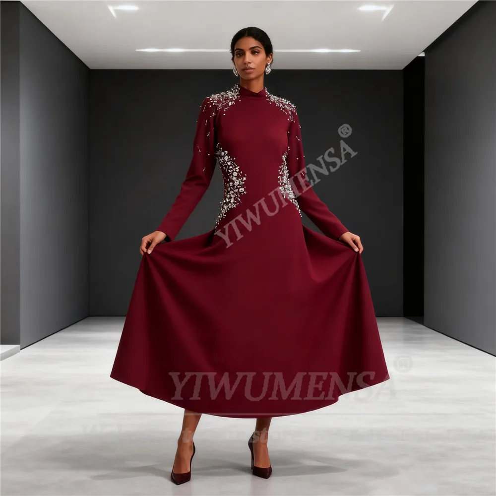 

Wine Red Chiffon Beaded Crystals Evening Dresses For Bride High Neck Long Sleeve Prom Party Gowns Outfit Ladies Recepation Dress