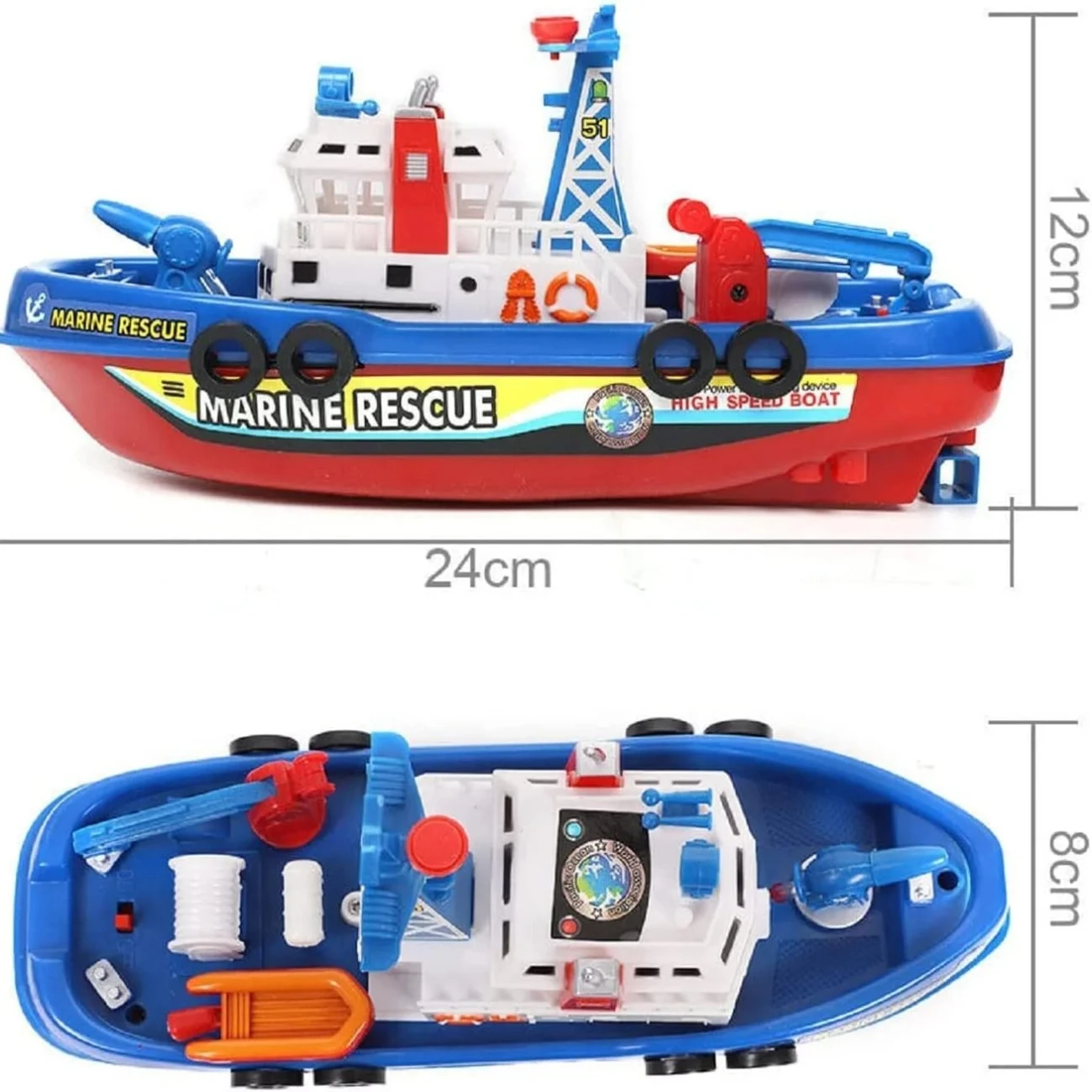 لعبة القارب الناري الكهربائية مع أضواء وصوت ورش الماء - قارب سريع للإنقاذ البحري للأطفال، لعب حمام السباحة والحمام #6