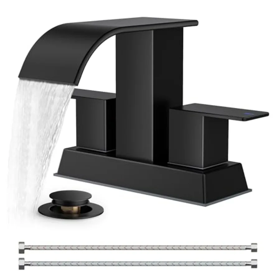 

Bathroom vanity faucet matte black metal 4-inch centerset waterfall square design 2 or 3 hole two handles includes pop-up drain
