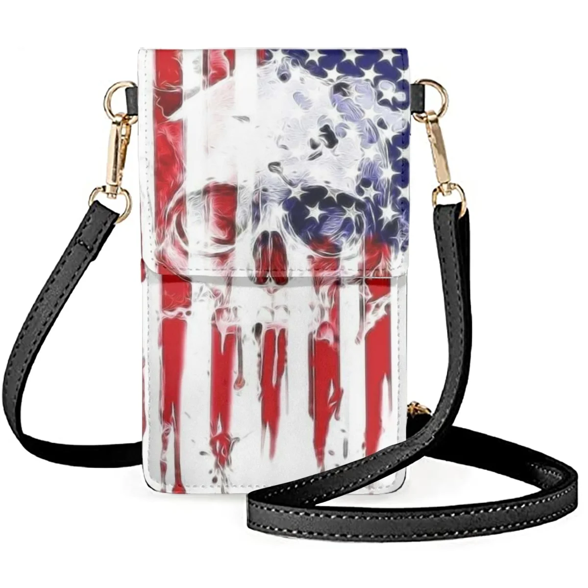 FORUDESIGNS American Flag Design Mobile Phone Bag PU Material Skulls Girl Bag Star Flag Strip Long Strap Diagonal Wallet