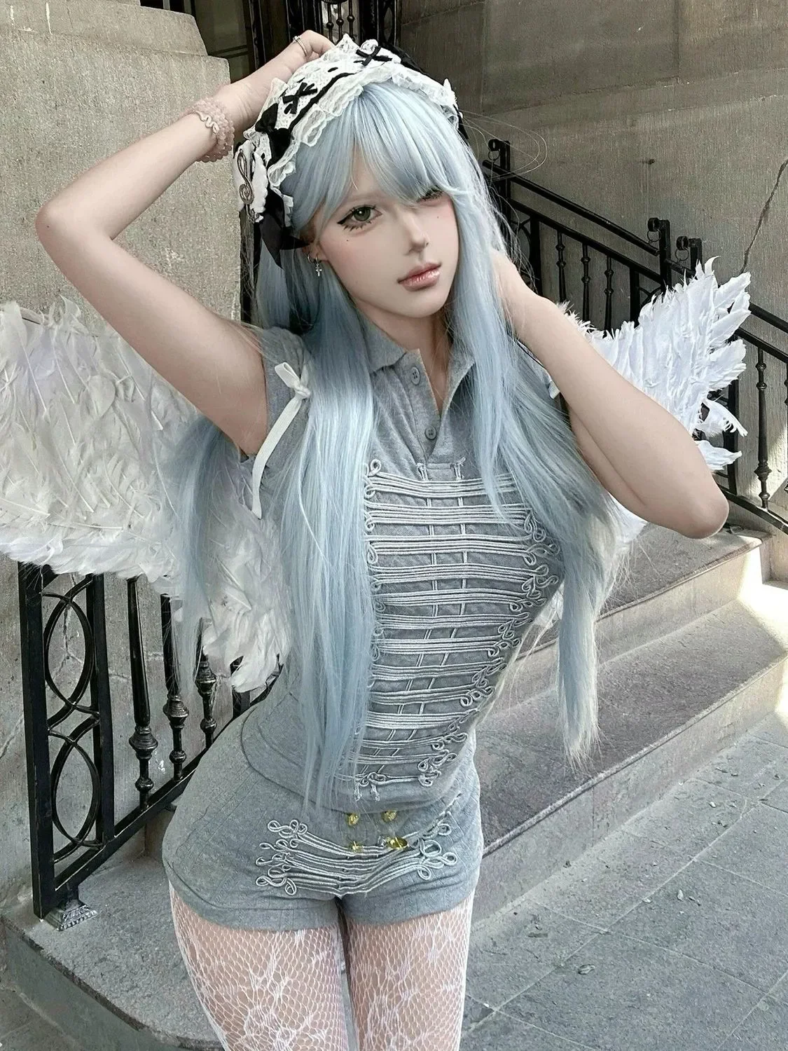 2026 Y2K Praying style palace gray three-dimensional embroidered Polo shirt for women/shorts summer slimming visual suit