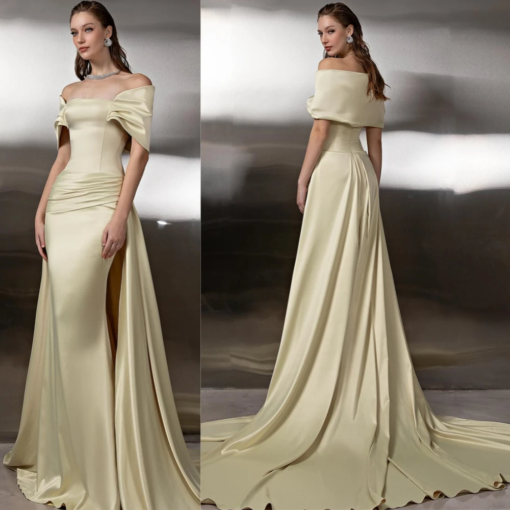 Personalizado delicado cetim vestido de noite elegante barco pescoço mangas curtas vestido de baile requintado tribunal trem vestidos de ocasião especial