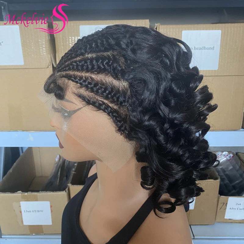 

Bouncy Curly 13x4 Braided Lace Short Curly Wigs 100% Human Hair Brazilian Remy Hair Transparent Lace Frontal Loose Wave Wig