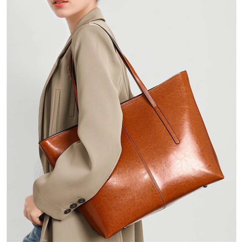 BURMINSA Large Genuine Leather Tote Bag Women Vintage Cowhide Shoulder Bag Laptop Office Work Commuter Shopper Luxury Handbags