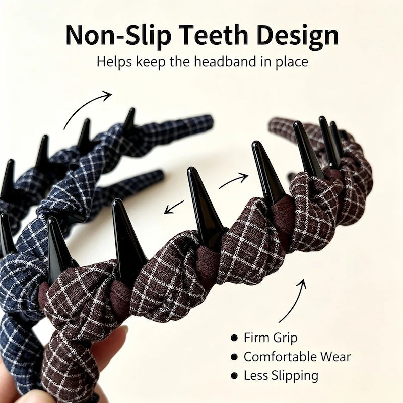 Early Autumn Versatile Plaid Headband Women Non-Slip Teeth Wave Hoop Plaid Fabric Wrapped Hairband High Crown Hair Accessories
