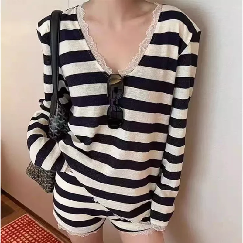 

Fashionable Temperament Women Striped V-Neck T-Shirt Casual Wear Spring Summer New Home Suit Set Trendy Soft and Comfortables