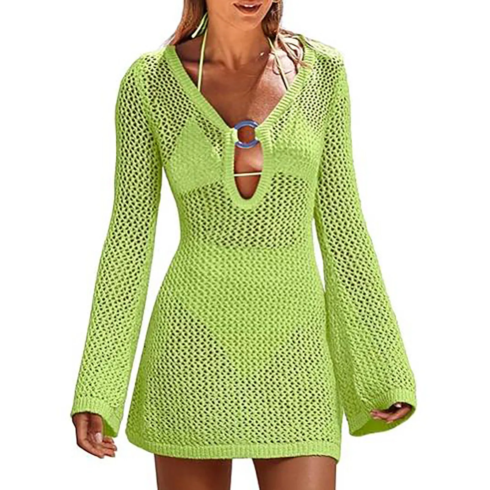 Dames Casual Uitgeholde Gebreide Strandjurk Zomer Sexy Doorschijnende Slanke Mini-Jurk Met Lange Mouwen Mode Vakantie Diepe V-Cover-Up