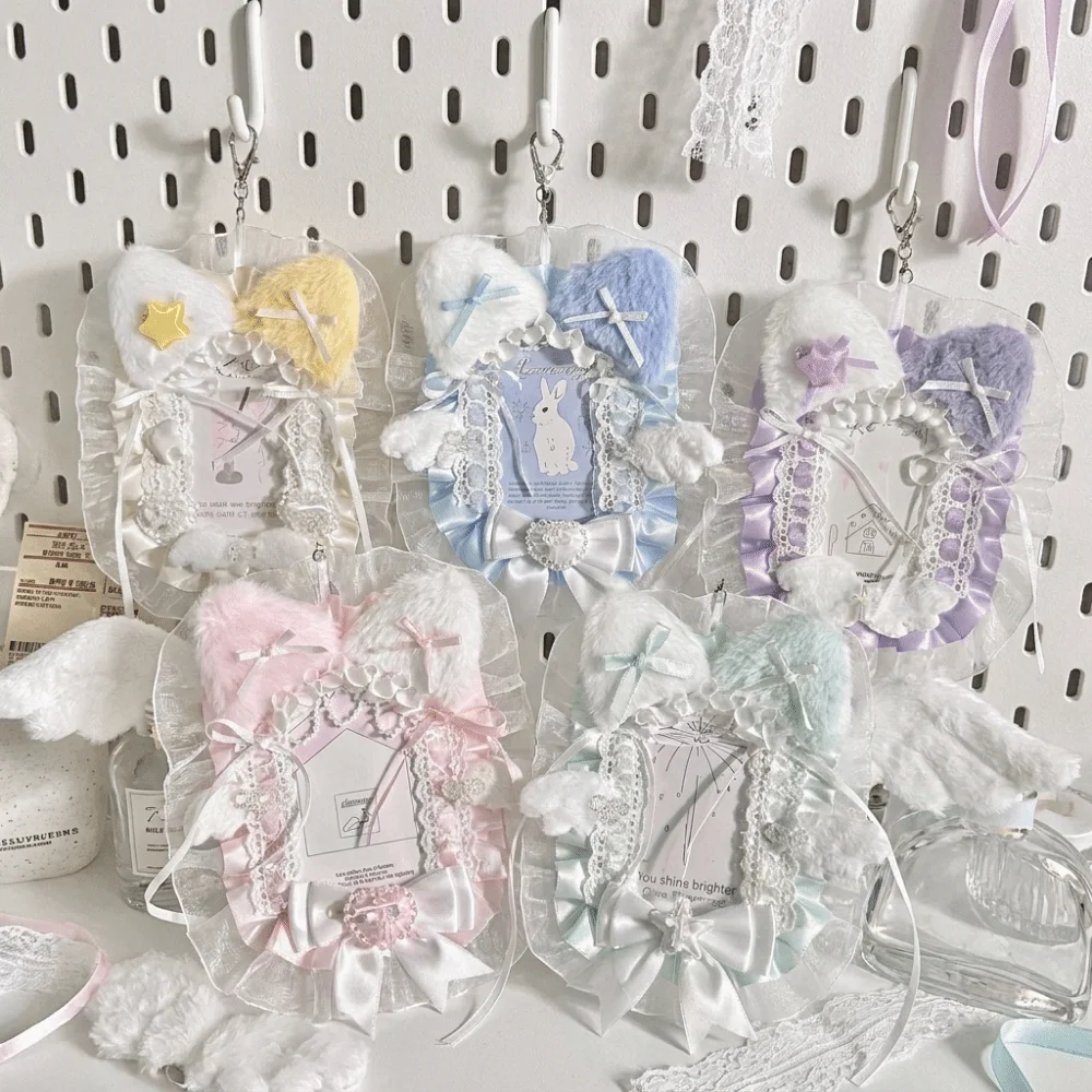 Ins Style Lace Photocard Holder Cat Ear Shape Cute Bow Bag Charm Keychain Hanging Chain Protective Sleeve ID Card Case Girls