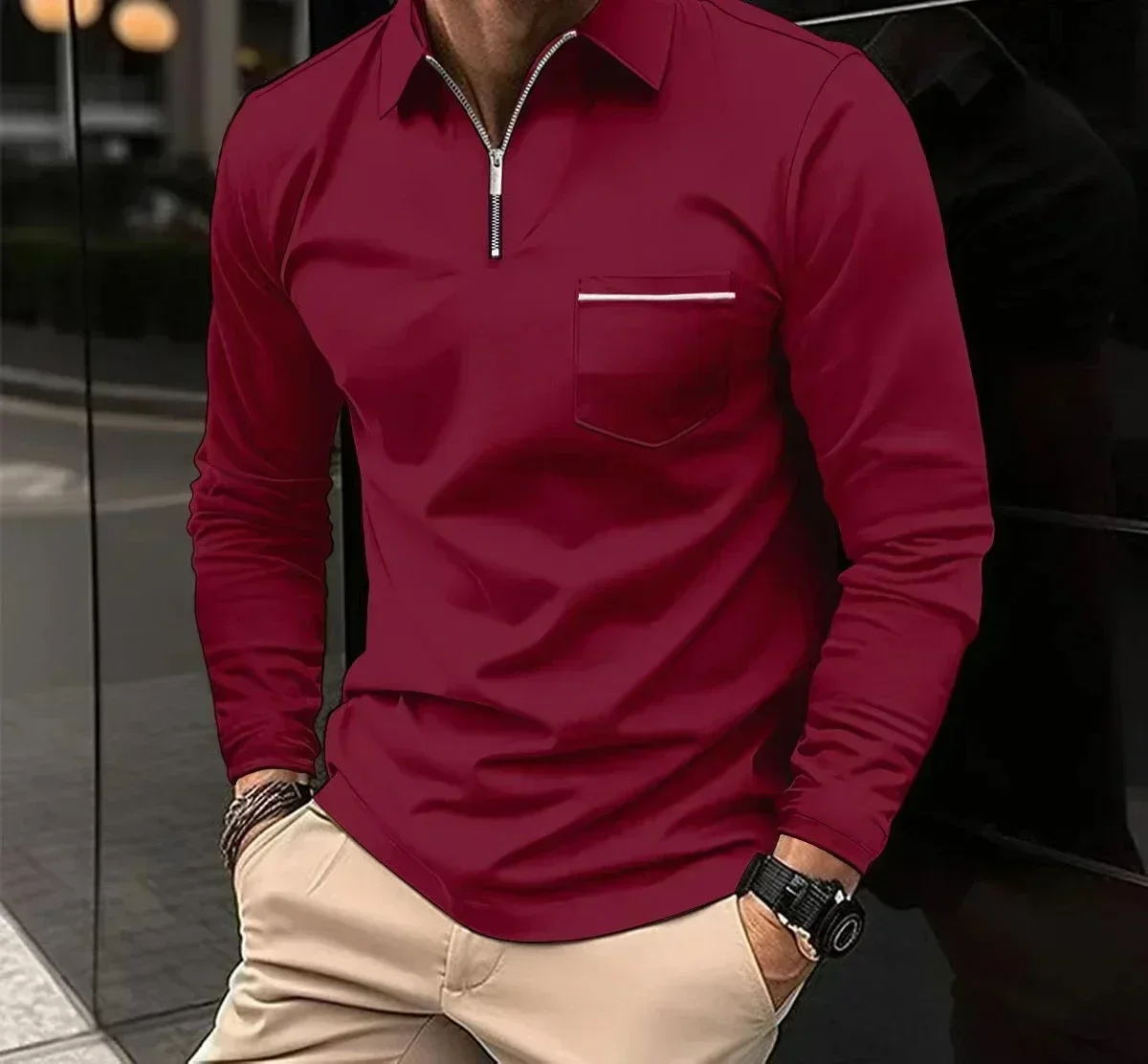 Men's Long-Sleeved Polo Shirt Casual Comfort Solid Color Zipper Patchwork Pocket Design Waffle Check Sports Fashion Spring Fall
