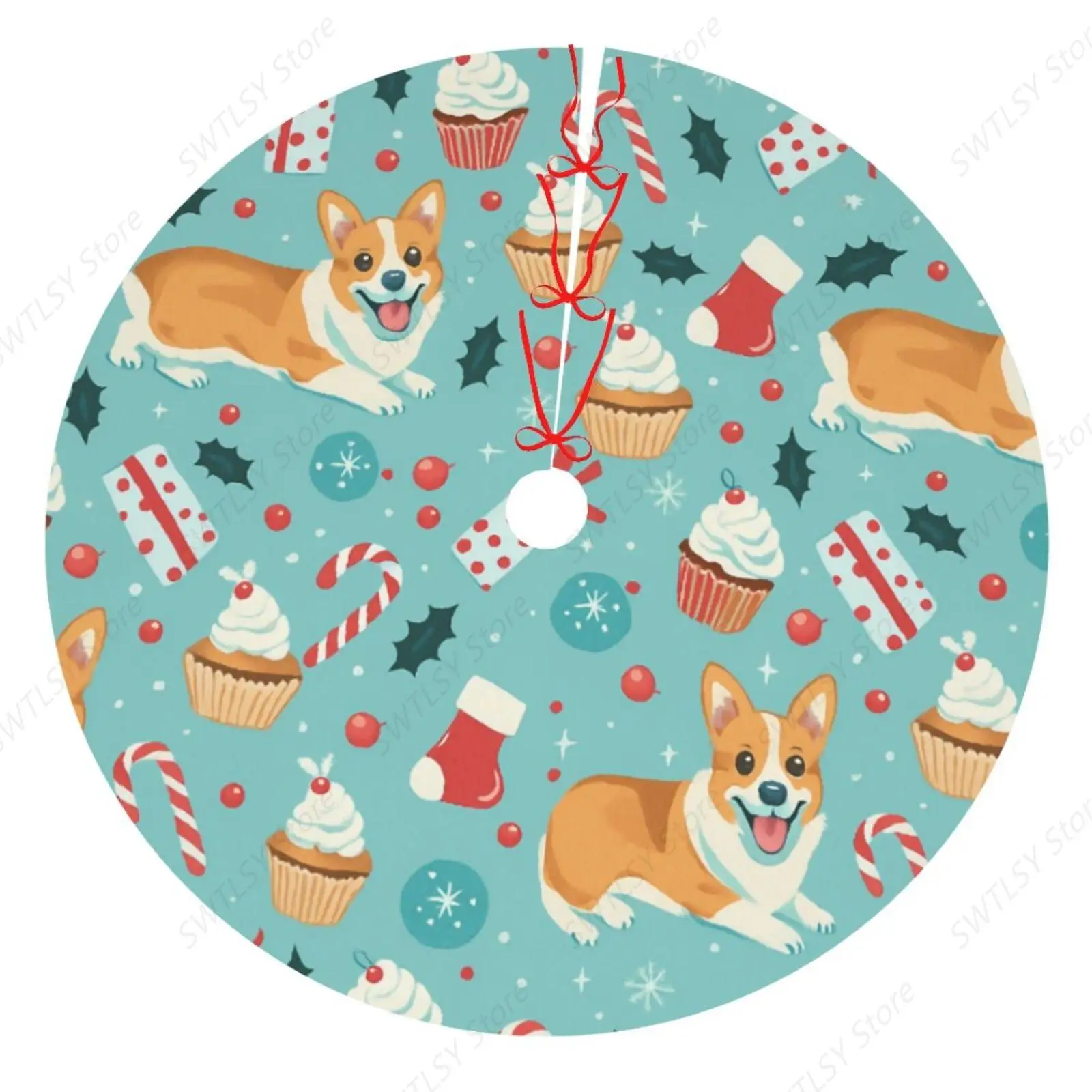 

Christmas Corgi Dog, Cake and Gnome Santa Tree Skirt Christmas Round Holiday Tree Ornament Christmas Tree Decoration 48"