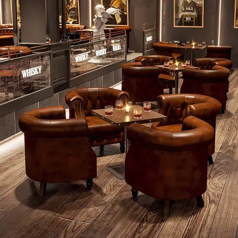 American Retro Bar Sofa Booth Clear Table Chair Combination for Tavern Dessert Milk Tea Coffee Shop Furniture Sets
