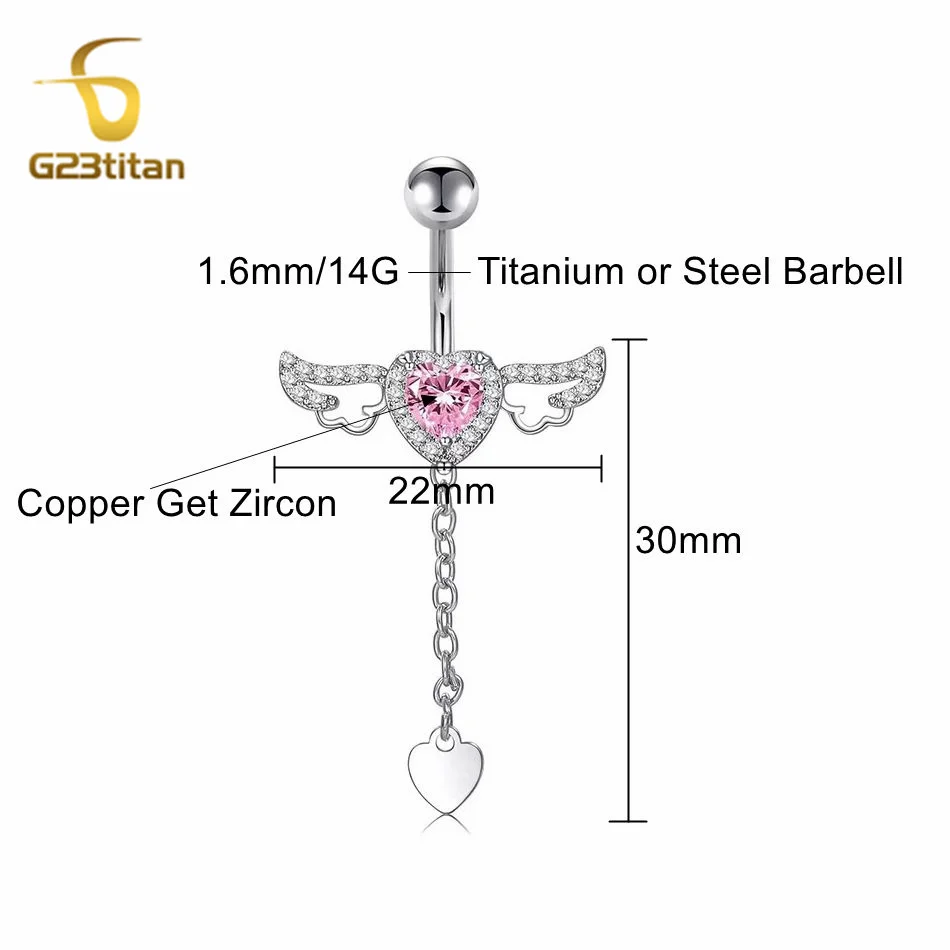G23titan 6-16mm Titanium Barbell Heart Pendant Wings Belly Button Ring Surgical Body Piercing Anti Allergic Women Navel Jewelry
