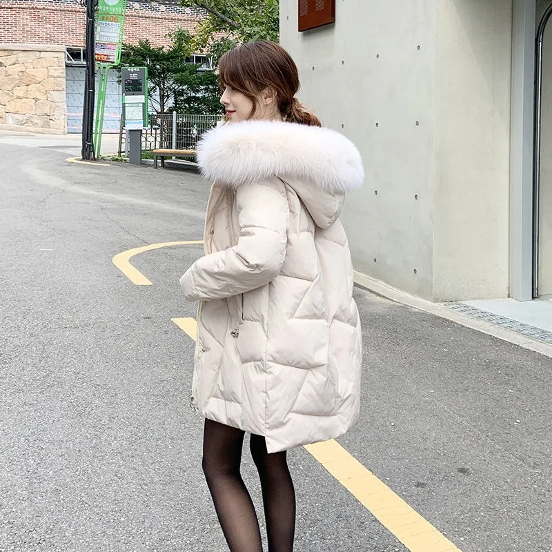 2023 New Women Down Cotton Coat Winter Jacket Female Mid Length Version Parkas Thick Warm Outwear Fur Collar Hooded Overcoat