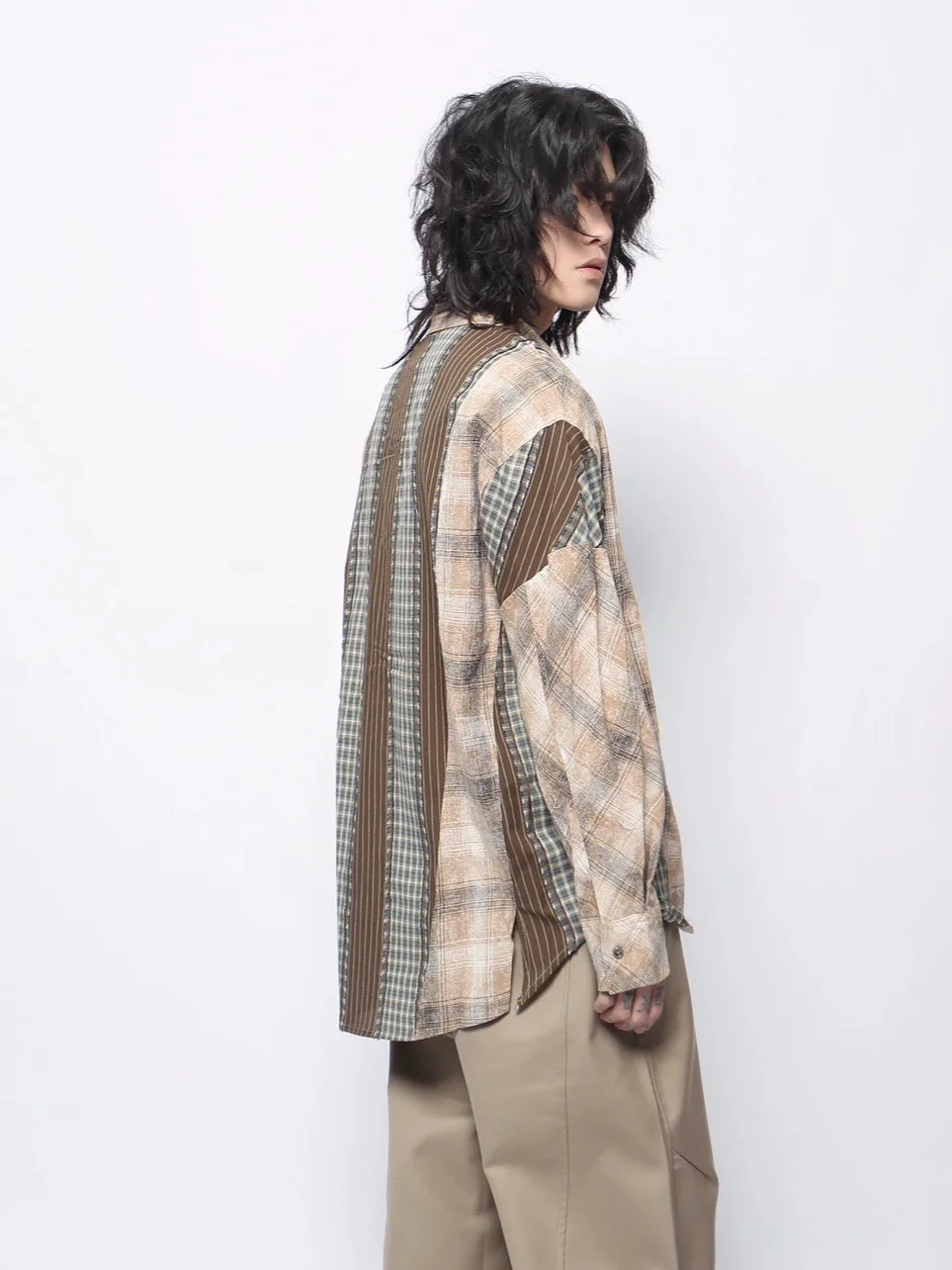 2025 Spring and Autumn New American Retro Wasteland Style Men's Coffee Color Patchwork Plaid Turn-Down Collar Long Sleeve Shirt
