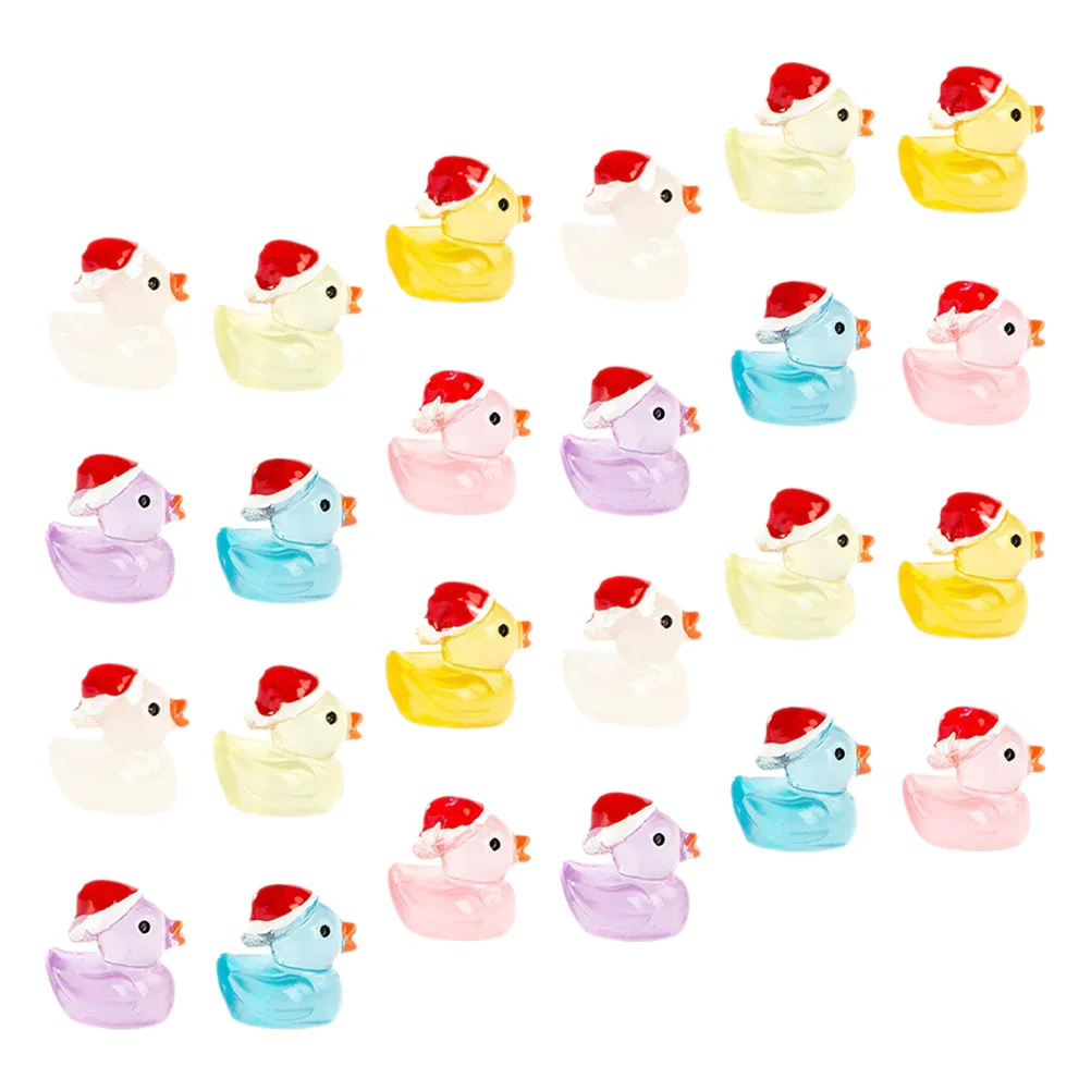 24 Pcs Micro Landscape Resin Ornament Cartoon Cute Luminous Christmas Duck Snow Scene Decoration Statue Hat Mini Decors