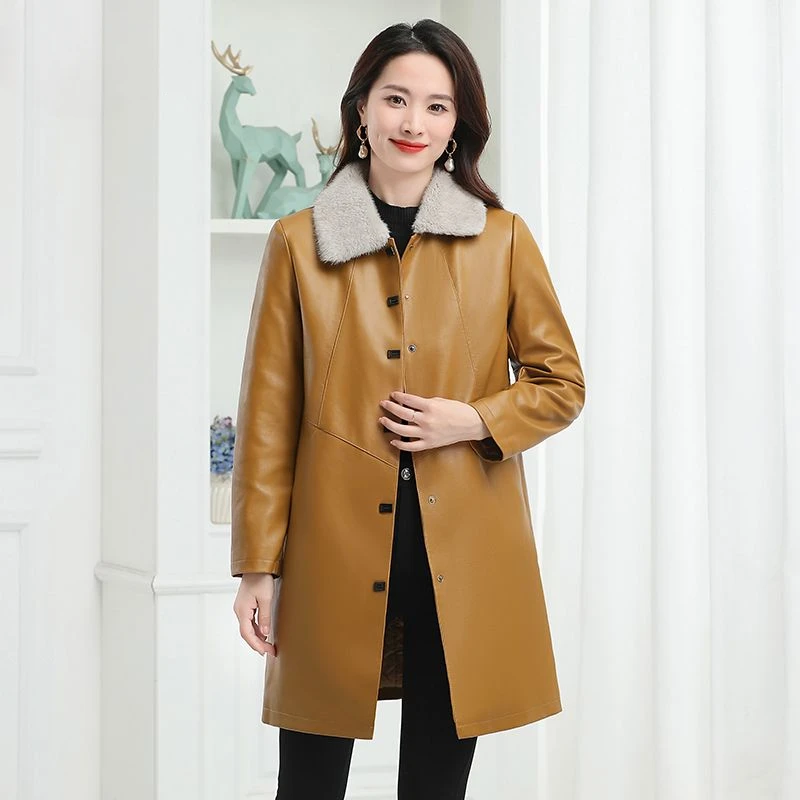 2023 Autumn Winter New Women Mid-Length Leather Coat Fashion Loose Warm Large Size Outwear FemaleTemperament pu leather jacket