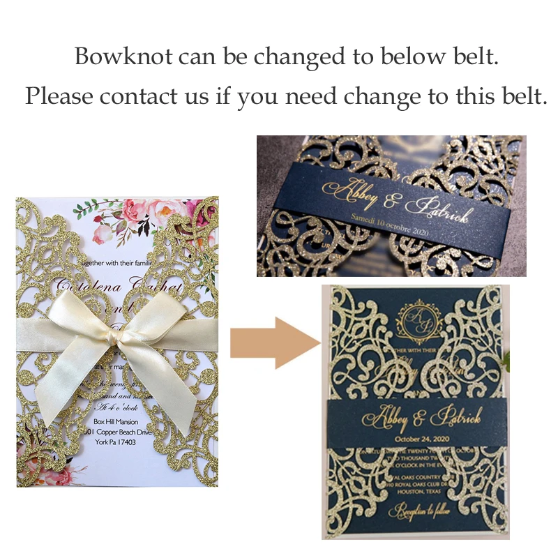 10 Pieces Laser Cut Blue Glitter Wedding Invitations With Ribbon XV Birthday Gold Glitter Greeting Card Party Decoration IC123