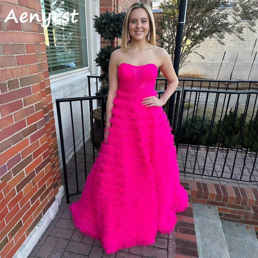 Aenyrst Elegant Strapless Ruffles Prom Dresses Tulle A Line Backless Cocktail Gowns Floor Length Dinner Party Dress Custom Made