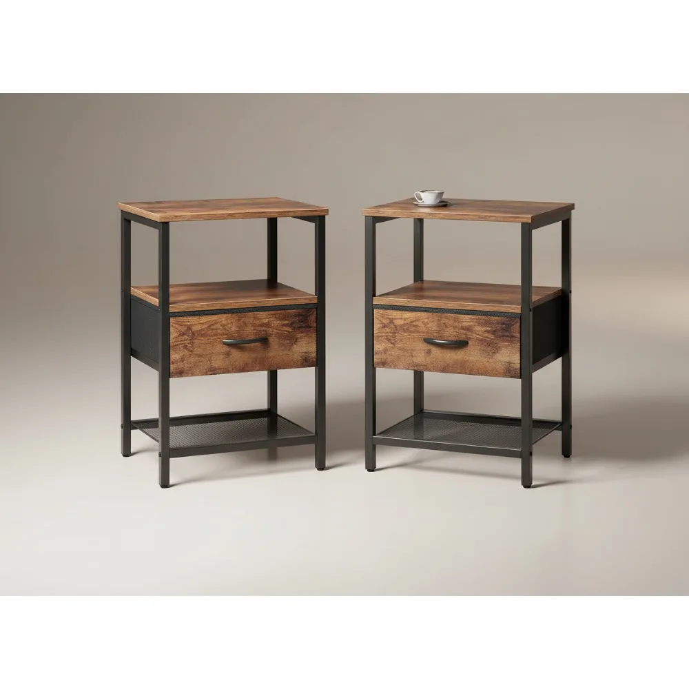 

Современный набор из 2 тумбочек с тканевым ящиком и сетчатой полкой, приставной столик коричневого цвета в деревенском стиле для хранения в спальне