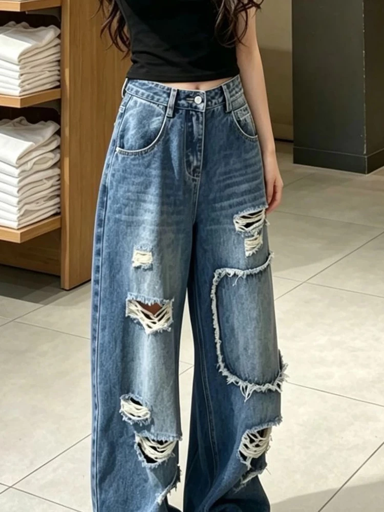 Blue Jeans Vintage Hot High Rise For Women Summer New Distressed Patch Designer Versatile Slimming Chic Figure Loose Pants