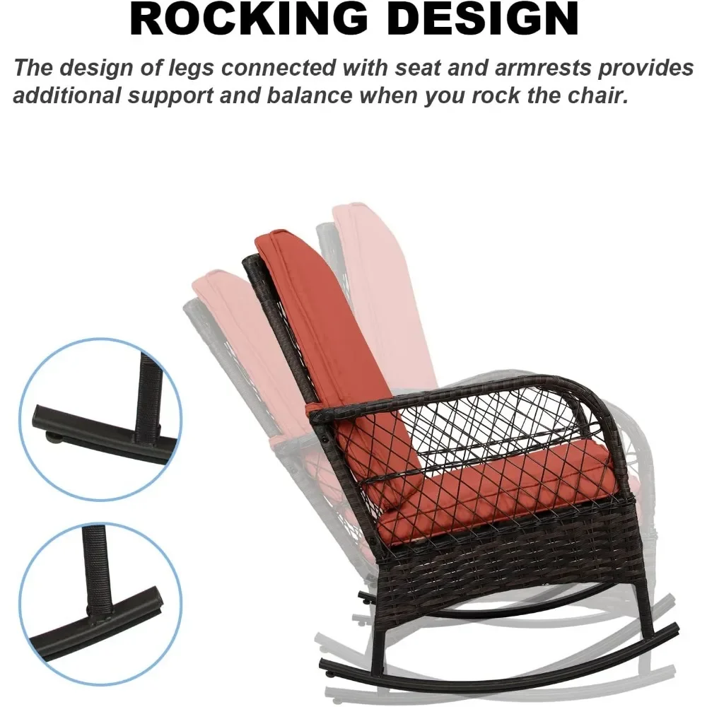 Juego de bistró mecedora de 3 piezas, sillas de conversación, mecedoras de mimbre PE para exteriores (juego de balancín, naranja y rojo)