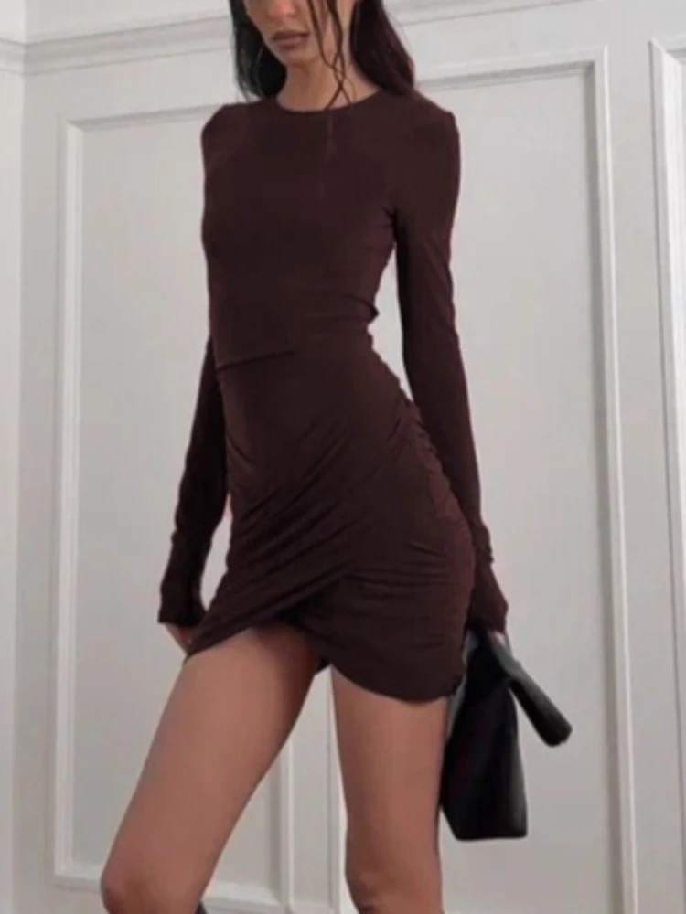 Tossy Fashion Solid Shirring Mini Dress Women Round Neck Sexy Slim Long Sleeves High-Waisted Patchwork Dress Female Mini Dress