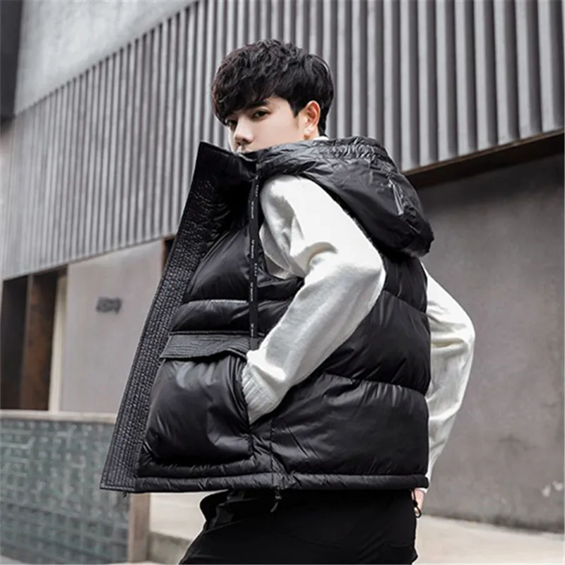 Down Vest Men Jacket Korean Fashion Warm Hooded Sleeveless Gilet Homme Autumn Winter Pocket Casual Short Waistcoat