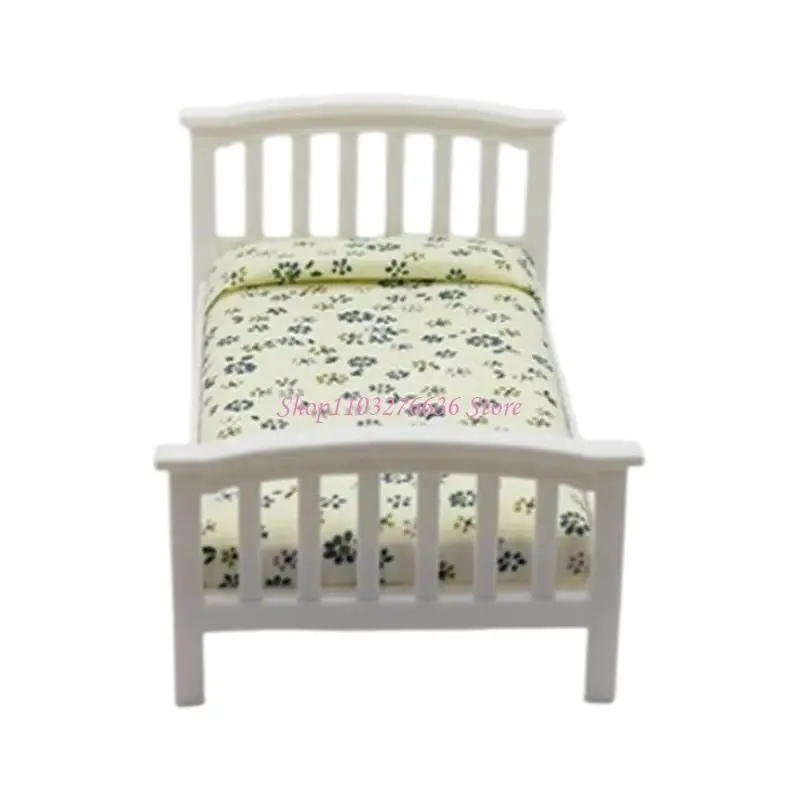 R6FD Cottagecore سرير واحد مع فراش طباعة زهرة ل 1/12 دمية ديكورز مشهد منزل
