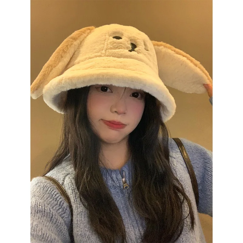 Puppy Ears Bucket Hat Women's Autumn and Winter Korean-Style Cute Face-Looking Small Bucket Hat Big Circumference Warm Plus