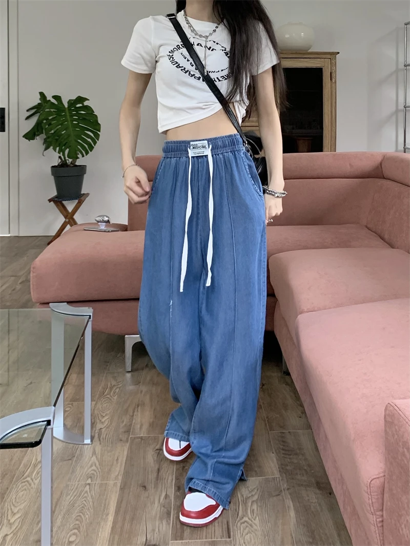 2024 Summer New Denim Blue Sky Silk Thin Elastic Waist Hanging All Straight Tube Slit Walking Pants Woman