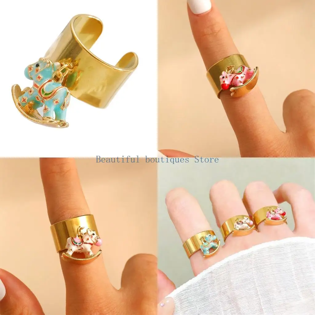 U4LF Fun Playful Rocking Horse Shaped Adjustable Ring Bright Colors Ideal for Kids Youth Adult Accessories Various Styles