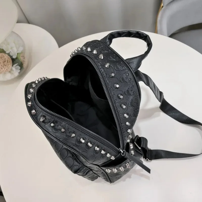 Punk Style PU Leather Bag Fashion Rivet Travel Goth Skull Embossed Backpack for Women  Studded Decor Daypack