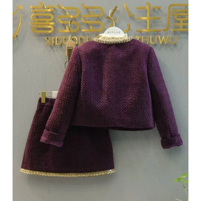 120-170CM Autumn and Winter Girls Set Fashion New Style Children's Coarse Floral Cotton Jacket+Half Skirt Two Piece Set