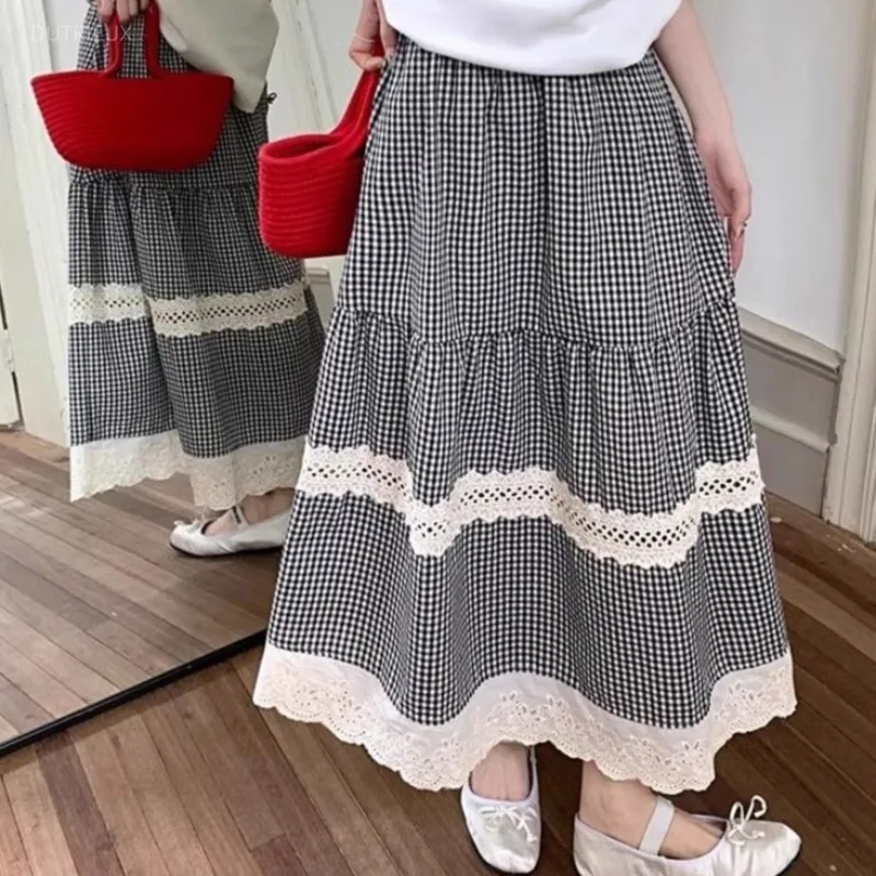 Spring Summer Skirts For Women Plaid Lace Ruffles Versatile Long Skirt Korean Style Elegant Vintage Faldas Mujer