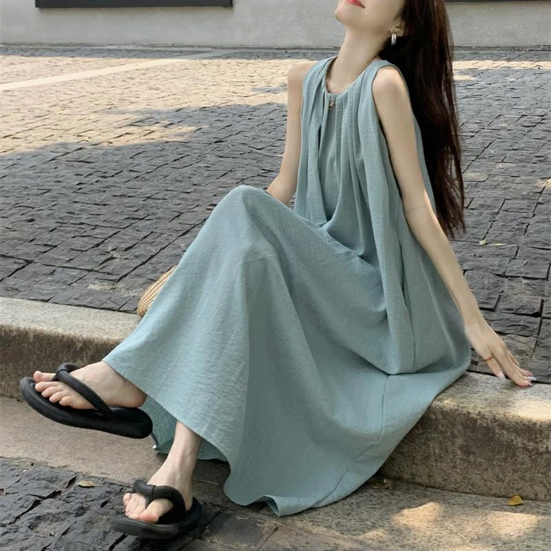 

Beach Vacation Backless Straight Tube Dress Women's Summer Loose Strap Beach Mid Length Skirt