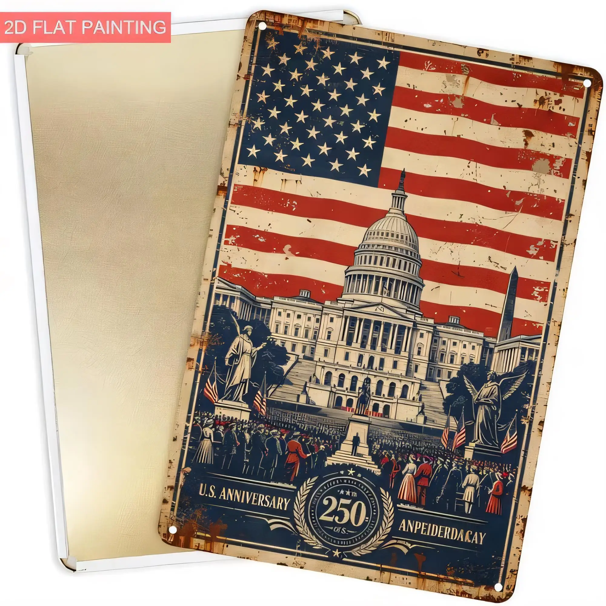 Tin Sign, 4th of July Vintage USA Flag Capitol Building 250th Anniversary Freedom Retro Metal Plaque Wall Art for Bar Pub Garage