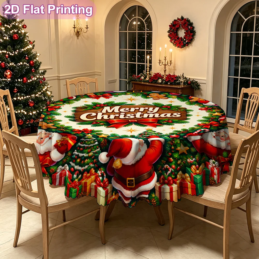 2D flat single piece festive round tablecloth, Merry Christmas Santa Claus wreath design pattern, decorative tablecloth