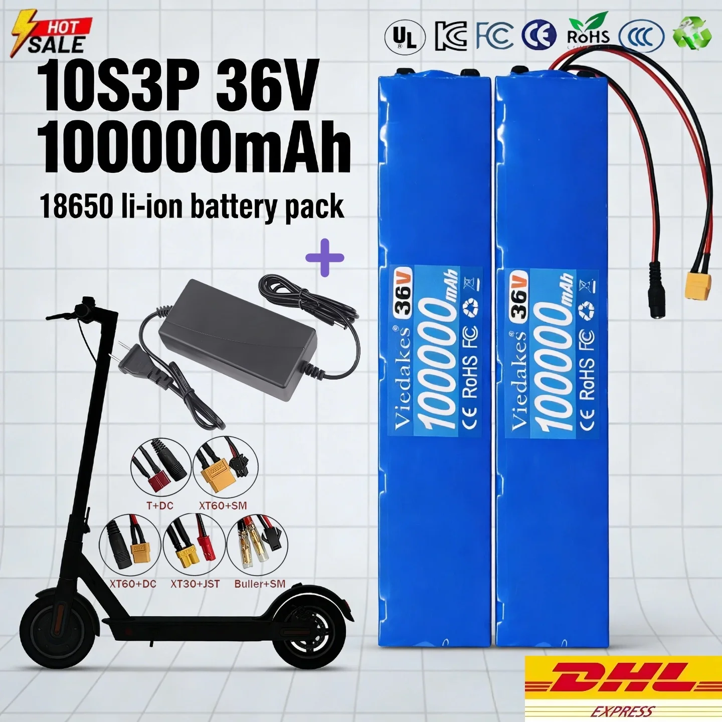 

18650 Rechargeable Lithium Battery Pack 10S3P 36V 100A Built-in BMS with Charger for M365 Electric Scooter High Capacity