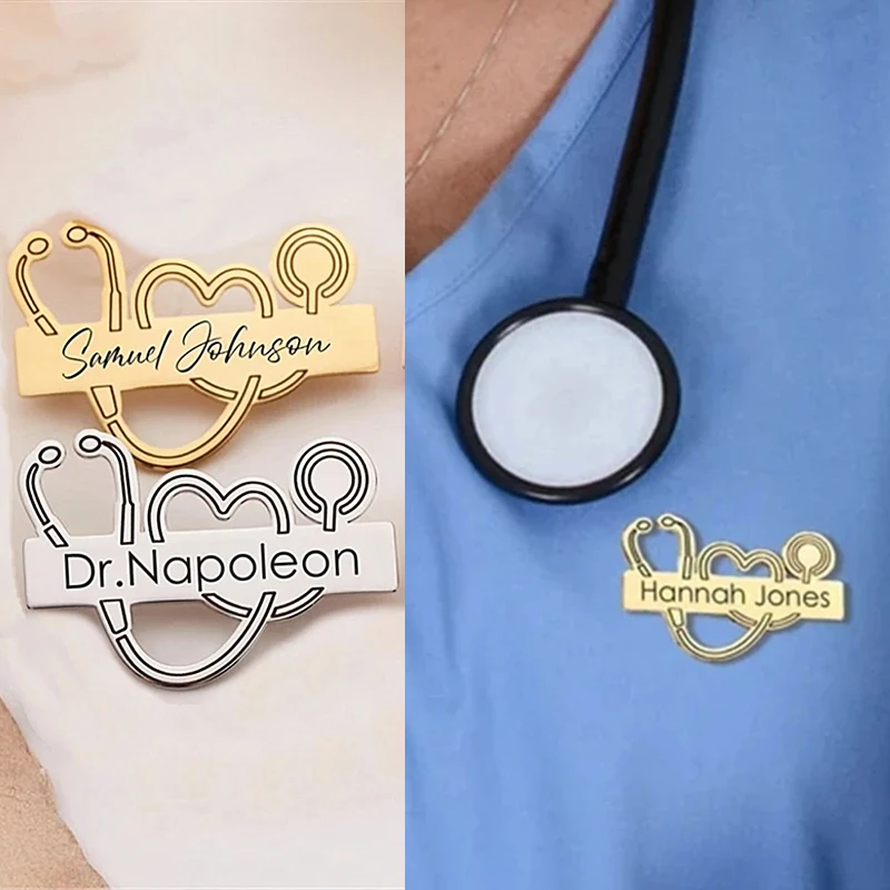 

Custom Stainless Steel Gold Silver Color Stethoscope Shape Lapel Pins Brooch Doctor Nurses Professional Engraved Name Badge Pin