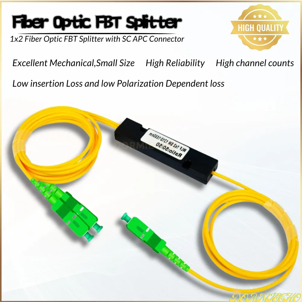 SC/APC 1X2 FTTH Single Mode PLC Splitter 50-50 Computer Cable Sleeve Fused Biconical Taper Fiber 1*2 FBT Splitter With ABS Box