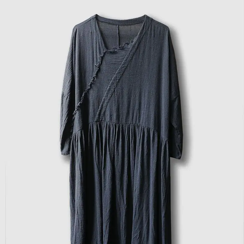 UMI MAO Cotton Linen Dress Chinese Style Top Autumn Travel Art Soft Loose Slimming Robe Drop Feeling Fur Edge Dress