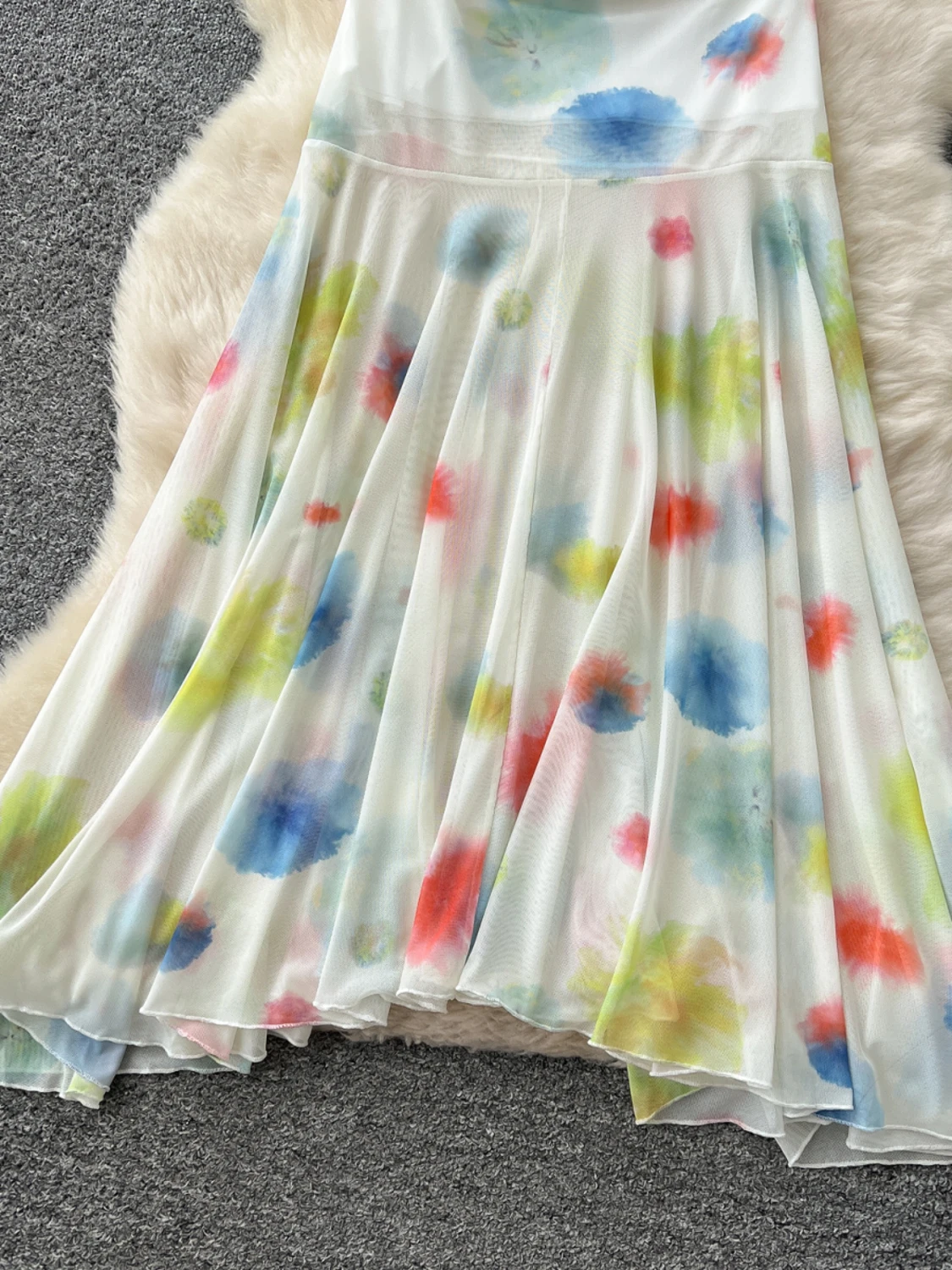 Foamlina Vacation Holiday Dress Women's 2025 Summer Retro Color Smudge Tie-dye Fishtail Mesh Suspender Strap Dress Boho