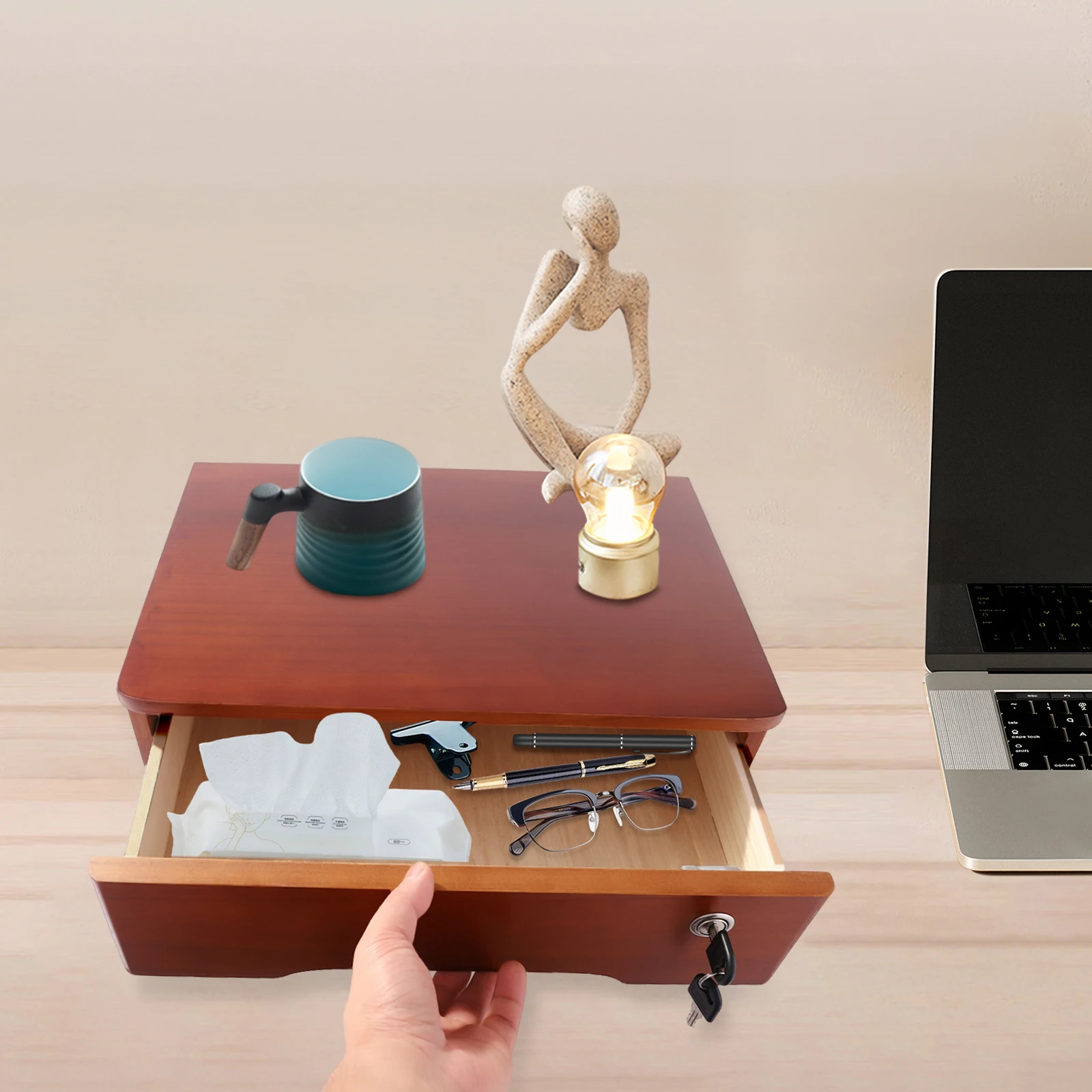 

Wooden 15.75x11.02x4.72-inch Single-layer Locked Storage Cabinet Desktop Storage Box Drawer Office Storage Box